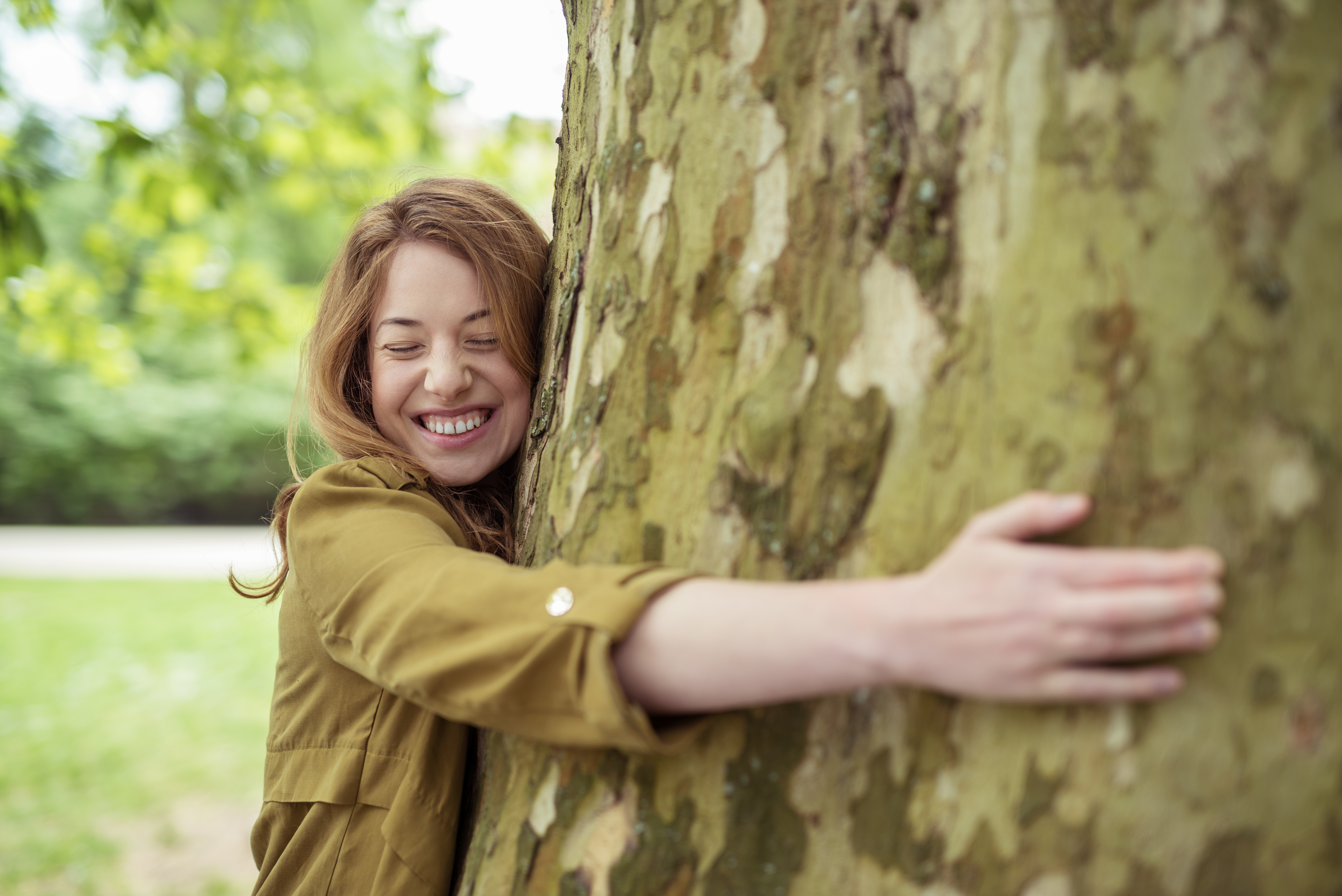 Frau umarmt großen, dicken Baum
